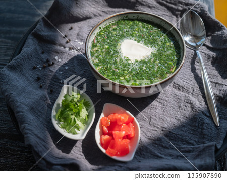 Traditional Russian lunch in a cafe. Top view of okroshka.  135907890