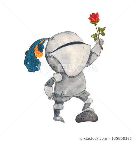Knight in armor with a raised hand holding a red rose. Watercolor illustration, hand drawn, cartoon. Drawing for cards, stickers, scrapbooking. Middle Ages, history, tournament, battle, competition Knight in armor with a raised hand holding a red rose. Watercolor illustration, hand drawn, cartoon. Drawing for cards, stickers, scrapbooking. Middle Ages, history, tournament, battle, competition 135908355