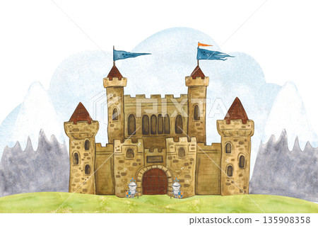 Medieval castle against the backdrop of mountains on a green field. Watercolor illustration hand drawn, cartoon. Drawing for cards, stickers, scrapbooking. Middle Ages, history, tournament 135908358