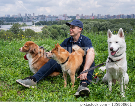 A Caucasian man walks with three dogs. Dog walker. A Caucasian man walks with three dogs. Dog walker. 135908661
