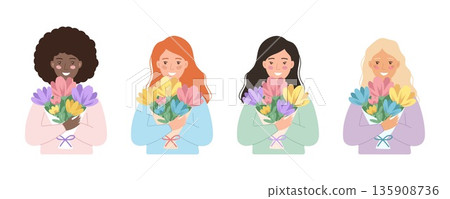 Set of 4 diverse women holding flower bouquets. Flat vector illustration for Womens Day celebration 135908736