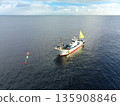 Aerial view of fishing boats fishing in Yakumo Town, Hokkaido in winter 135908846