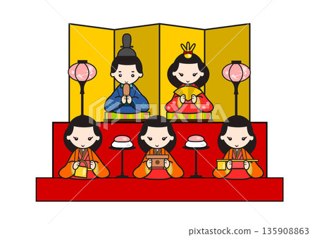 女兒節舞台插圖:雛人偶、天皇與三位侍女 女兒節舞台插圖:雛人偶、天皇與三位侍女 135908863