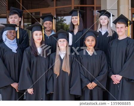 Multinational students in graduation gowns. Multinational students in graduation gowns. 135908885