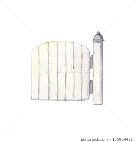 Wooden farm gate with post. Watercolor illustration in rustic style on white background. Obstacle. Fencing on the ranch. Perfect for farm scenes, books, posters, packaging, design projects. Wooden farm gate with post. Watercolor illustration in rustic style on white background. Obstacle. Fencing on the ranch. Perfect for farm scenes, books, posters, packaging, design projects. 135909451