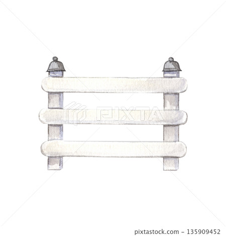 Wooden farm fence with horizontal boards and posts. Watercolor illustration in rustic style on white background. Obstacle. The Ranch. Ideal for farm scenes, books, posters, packaging, design projects. 135909452
