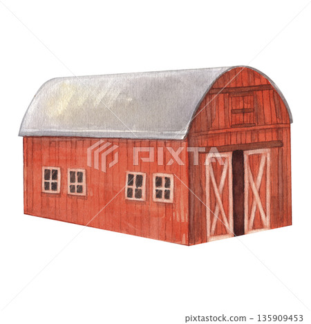 Red barn with curved roof, wooden walls, windows and doors. Watercolor illustration of farm building on white background. The Ranch. Ideal for poster, books, packaging, nursery decor, design projects. Red barn with curved roof, wooden walls, windows and doors. Watercolor illustration of farm building on white background. The Ranch. Ideal for poster, books, packaging, nursery decor, design projects. 135909453