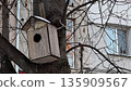 Charming Wooden Birdhouse Nestled in a Leafless Tree 135909567