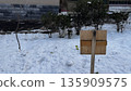 Winter Landscape with Wooden Sign in Snowy Setting 135909575