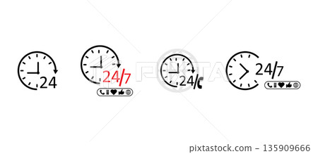 Round Clock Icons Representing Service And Around-The-Clock Support. 135909666