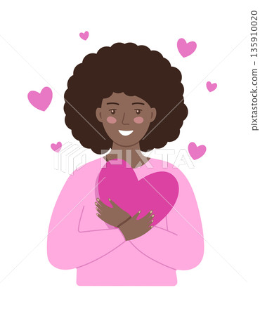 Happy Black woman hugging a heart. Self-love, self-care and body positivity concept. Vector art Happy Black woman hugging a heart. Self-love, self-care and body positivity concept. Vector art 135910020