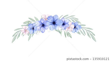 Watercolor delicate blue, pink anemone flowers with green leaves horizontal composition on isolated background. Spring bouquet. Floral template for birthday invitation, Easter greeting cards. Watercolor delicate blue, pink anemone flowers with green leaves horizontal composition on isolated background. Spring bouquet. Floral template for birthday invitation, Easter greeting cards. 135910121