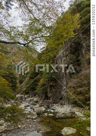 The rocky cliffs and autumn foliage of the Kurofuchi canyon in Sandankyo, a gorge in Akiota Town, Yamagata County, Hiroshima Prefecture, Japan The rocky cliffs and autumn foliage of the Kurofuchi canyon in Sandankyo, a gorge in Akiota Town, Yamagata County, Hiroshima Prefecture, Japan 135910152