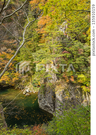 The rocky cliffs and autumn foliage of the Kurofuchi canyon in Sandankyo, a gorge in Akiota Town, Yamagata County, Hiroshima Prefecture, Japan The rocky cliffs and autumn foliage of the Kurofuchi canyon in Sandankyo, a gorge in Akiota Town, Yamagata County, Hiroshima Prefecture, Japan 135910159