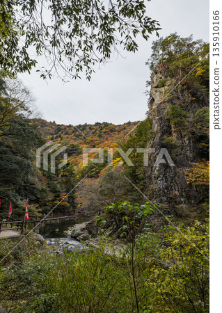 The rocky cliffs and autumn foliage of the Kurofuchi canyon in Sandankyo, a gorge in Akiota Town, Yamagata County, Hiroshima Prefecture, Japan The rocky cliffs and autumn foliage of the Kurofuchi canyon in Sandankyo, a gorge in Akiota Town, Yamagata County, Hiroshima Prefecture, Japan 135910166