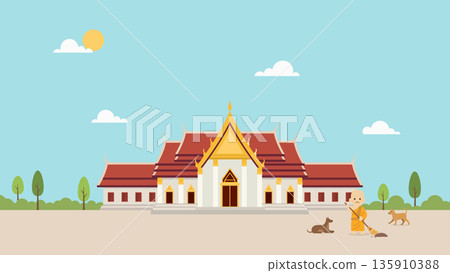 Buddhist Monk Sweeping Temple Grounds with Dogs Flat style 135910388