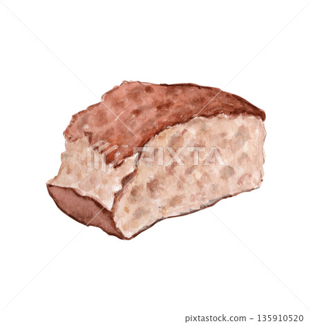Rustic bread piece isolated on white. Watercolor illustration for Christian design, church devotion, sermon slides, reflective layouts. Fasting season, Lent, Great Fast, humility, spiritual simplicity 135910520
