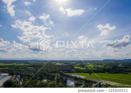 Landscape in the open blue sky day with beautiful white cloud nature background, idea for website or wallpaper background. Landscape in the open blue sky day with beautiful white cloud nature background, idea for website or wallpaper background. 135910551