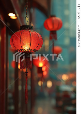 Blurred vertical wallpaper with red Chinese lanterns 135910714