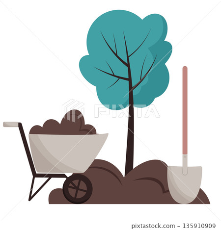 gardening illustration with green tree 135910909