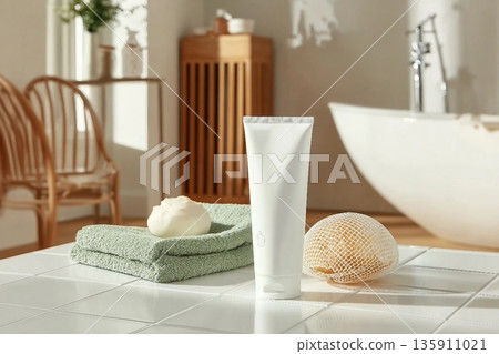 Mock up for promotional with a white cosmetic tube without label placed on white bathroom table, in back is some bathroom stocks like tub and cabinet. Empty space for advertising and adding text Mock up for promotional with a white cosmetic tube without label placed on white bathroom table, in back is some bathroom stocks like tub and cabinet. Empty space for advertising and adding text 135911021