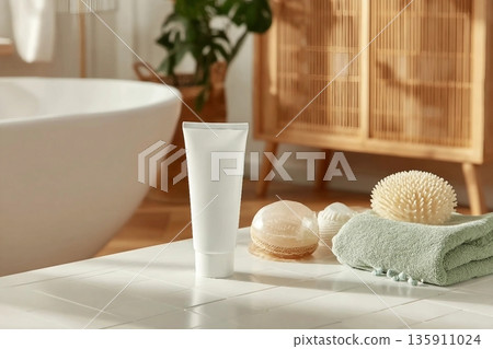 Mock up for promotional with a white cosmetic tube without label placed on white bathroom table, in back is some bathroom stocks like tub and cabinet. Empty space for advertising and adding text Mock up for promotional with a white cosmetic tube without label placed on white bathroom table, in back is some bathroom stocks like tub and cabinet. Empty space for advertising and adding text 135911024