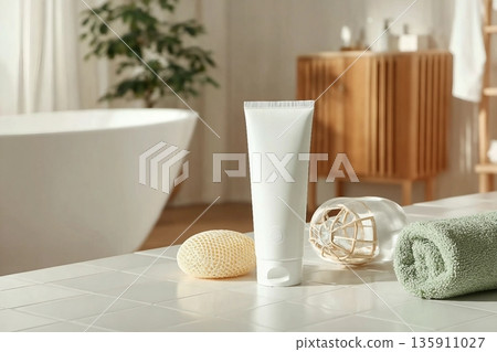 Mock up for promotional with a white cosmetic tube without label placed on white bathroom table, in back is some bathroom stocks like tub and cabinet. Empty space for advertising and adding text Mock up for promotional with a white cosmetic tube without label placed on white bathroom table, in back is some bathroom stocks like tub and cabinet. Empty space for advertising and adding text 135911027