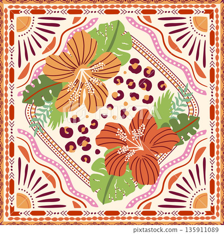 Geometric tropical tile, floral summer scarf seamless pattern. Vector checkered print, flower, leopard skin spots 135911089
