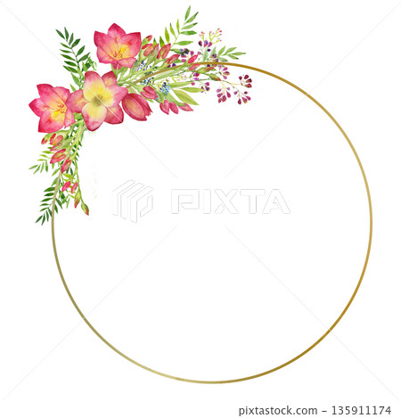 wreath with green leaves and red freesia flower in a gold round frame. Watercolor floral illustration 135911174