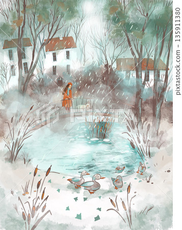 Illustration of a Girl Feeding Geese by a Pond 135911380