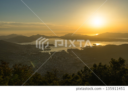 View of Kure city and the Seto Inland Sea from the Haigamine observation deck in Tochihara-cho, Kure City, Hiroshima Prefecture, Japan 135911451