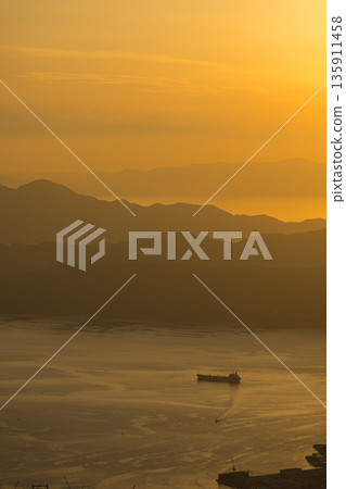View of the Seto Inland Sea and sunset sky from the Haigamine Observatory in Tochihara-cho, Kure City, Hiroshima Prefecture, Japan 135911458