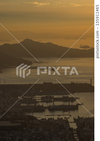 View of Kure city and the Seto Inland Sea from the Haigamine observation deck in Tochihara-cho, Kure City, Hiroshima Prefecture, Japan 135911465