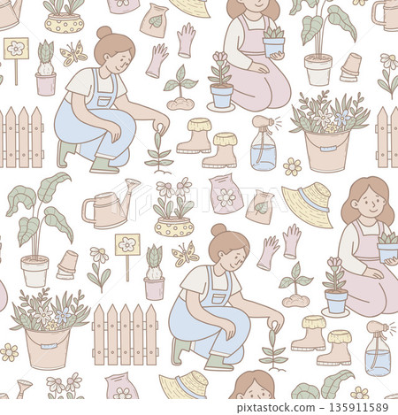 Seamless Pattern with Gardeners and Gardening Tools on White Background. Repeating Template with Women Planting Flowers and Garden Equipment. Pastel Hand Drawn Doodle. Vector illustration. Not AI Seamless Pattern with Gardeners and Gardening Tools on White Background. Repeating Template with Women Planting Flowers and Garden Equipment. Pastel Hand Drawn Doodle. Vector illustration. Not AI 135911589
