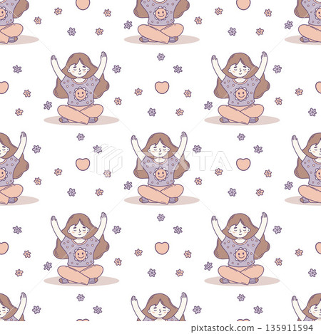 Cute Yoga Girl Seamless Pattern. Kids Female Character Meditation on White background. Hand-Drawn color Doodle. Vector Illustration. Not AI 135911594