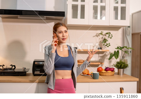 fitness ,workout, home exercise ,lifestyle and healthy concept.Woman in exercise. 135911860