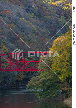 Taishaku Gorge in Tojocho, Shobara City, Hiroshima Prefecture, Japan. Shinryu Bridge over the Taishaku River flowing into Lake Shinryu and autumn leaves. 135912095