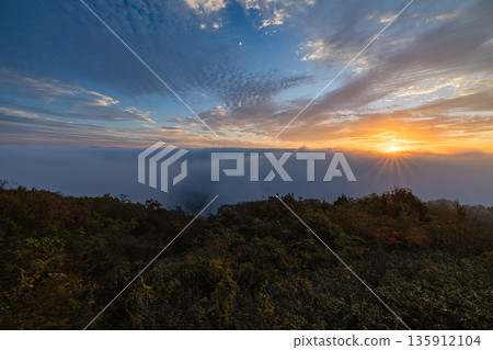 Sea of clouds and sunrise seen from Takataniyama Observatory in Awaya-cho, Miyoshi City, Hiroshima Prefecture, Japan Sea of clouds and sunrise seen from Takataniyama Observatory in Awaya-cho, Miyoshi City, Hiroshima Prefecture, Japan 135912104