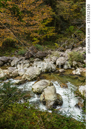Rock walls and autumn foliage along the river at Sandankyo Gorge, a gorge in Akiota Town, Yamagata County, Hiroshima Prefecture, Japan Rock walls and autumn foliage along the river at Sandankyo Gorge, a gorge in Akiota Town, Yamagata County, Hiroshima Prefecture, Japan 135912160