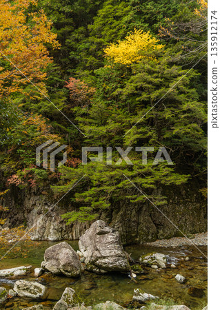 Rock walls and autumn foliage along the river at Sandankyo Gorge, a gorge in Akiota Town, Yamagata County, Hiroshima Prefecture, Japan Rock walls and autumn foliage along the river at Sandankyo Gorge, a gorge in Akiota Town, Yamagata County, Hiroshima Prefecture, Japan 135912174
