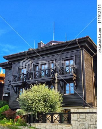 A traditional two-story house facade from the Bulgarian National Revival period in Old Nessebar  135912213