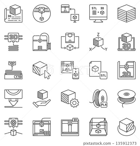 3D Printing Technology outline icons set - Additive Manufacturing concept 3D Printer symbols 3D Printing Technology outline icons set - Additive Manufacturing concept 3D Printer symbols 135912373