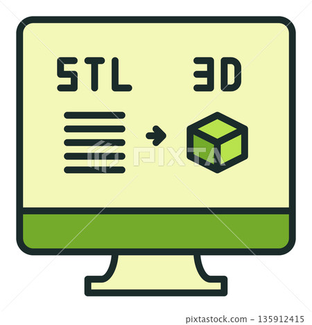 STL and Cube on PC Screen vector Additive Manufacturing Technology colored icon or sign STL and Cube on PC Screen vector Additive Manufacturing Technology colored icon or sign 135912415