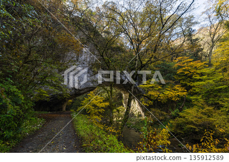 Japan, Taishaku Gorge in Tojo-cho, Shobara City, Hiroshima Prefecture, Japan. The natural bridge, Obashi Bridge, and autumn leaves at Kami-Taishaku. Japan, Taishaku Gorge in Tojo-cho, Shobara City, Hiroshima Prefecture, Japan. The natural bridge, Obashi Bridge, and autumn leaves at Kami-Taishaku. 135912589