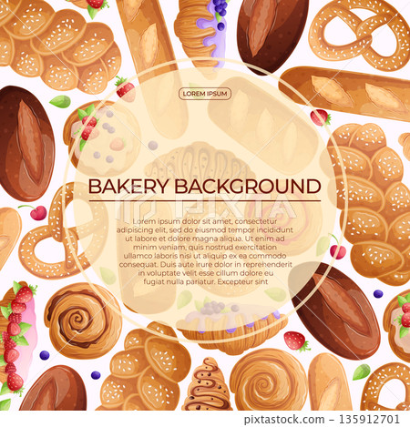 Colorful background with delicious bakery pastries on a white background. The concept of confectionery, baking, cooking. Vector illustration for the design of posters, flyers, postcards, invitations 135912701