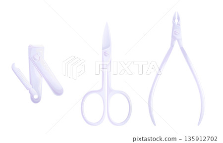 A set of manicure accessories, silver nail clippers and scissors on a white background. The concept of beauty and nail design. Isolated vector illustration for the design of banners, brochures, flyers A set of manicure accessories, silver nail clippers and scissors on a white background. The concept of beauty and nail design. Isolated vector illustration for the design of banners, brochures, flyers 135912702