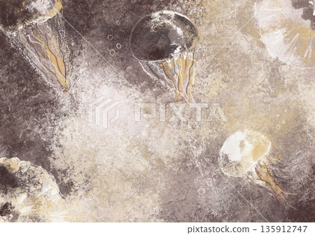 Underwater background in acrylic style. Abstract jellyfish art. Sea life hand drawn illustration 135912747