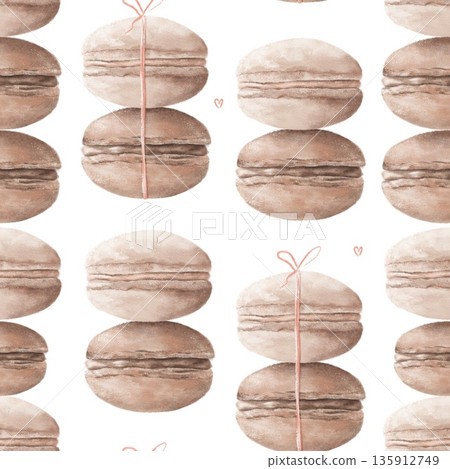 Chocolate macaroons seamless pattern. Hand drawn pattern of French dessert Macaroons 135912749
