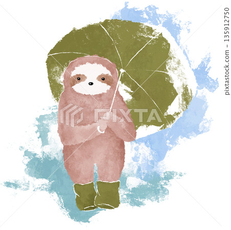 Cute baby sloth with green umbrella hand drawn illustration. Fall season art. Rainy days watercolor drawing Cute baby sloth with green umbrella hand drawn illustration. Fall season art. Rainy days watercolor drawing 135912750