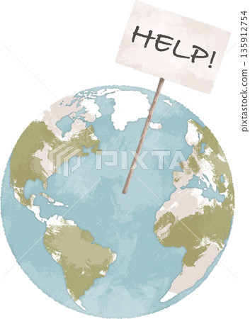 Planet Earth with help sign hand drawn illustration. Climate change concept. Global warming art. Environmental challenges concept art 135912754